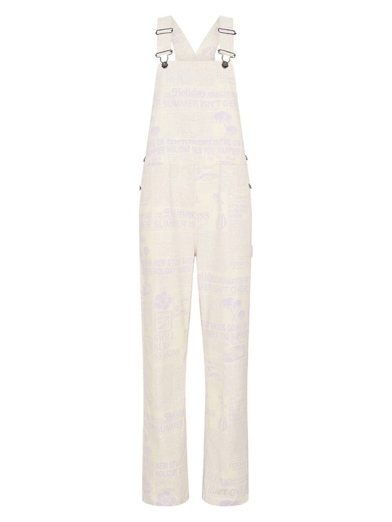 Vans Denim - Vans x EM On Holiday Denim Overalls Women's M Cream Purple Newspaper Print